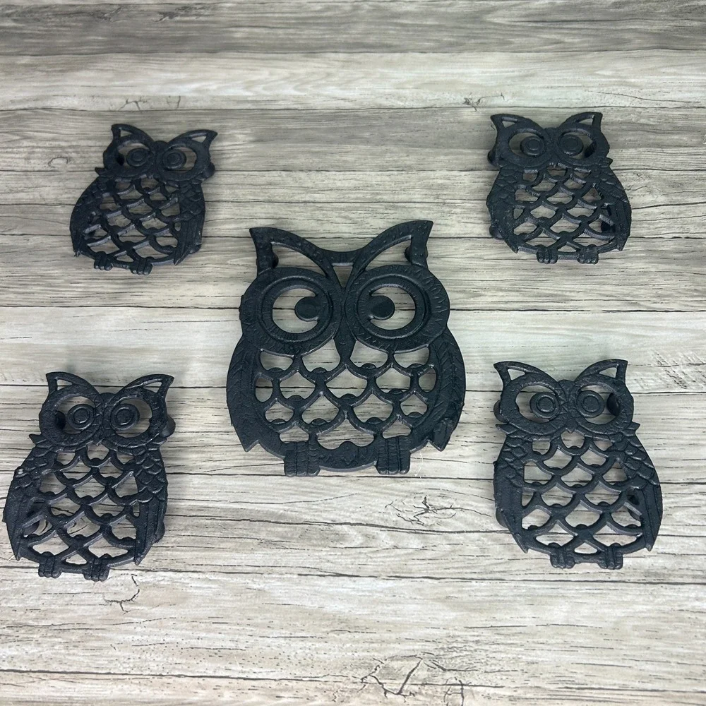 Vintage Owl Trivet Set Cast Iron Taiwan Kitchy Bird Decor Cottage Rustic Goth